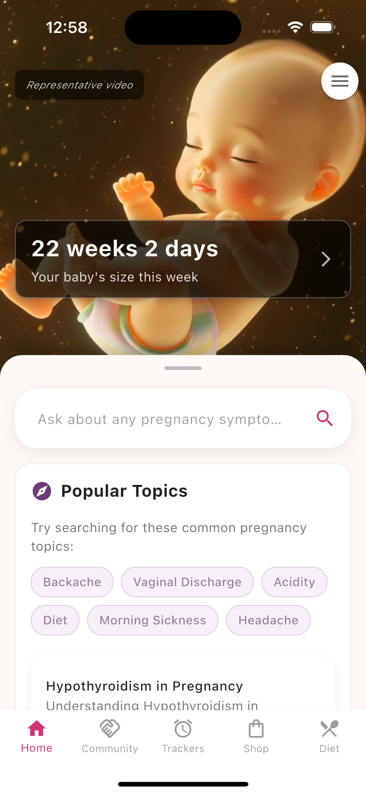 MiGynae app showing pregnancy tracking and weekly updates